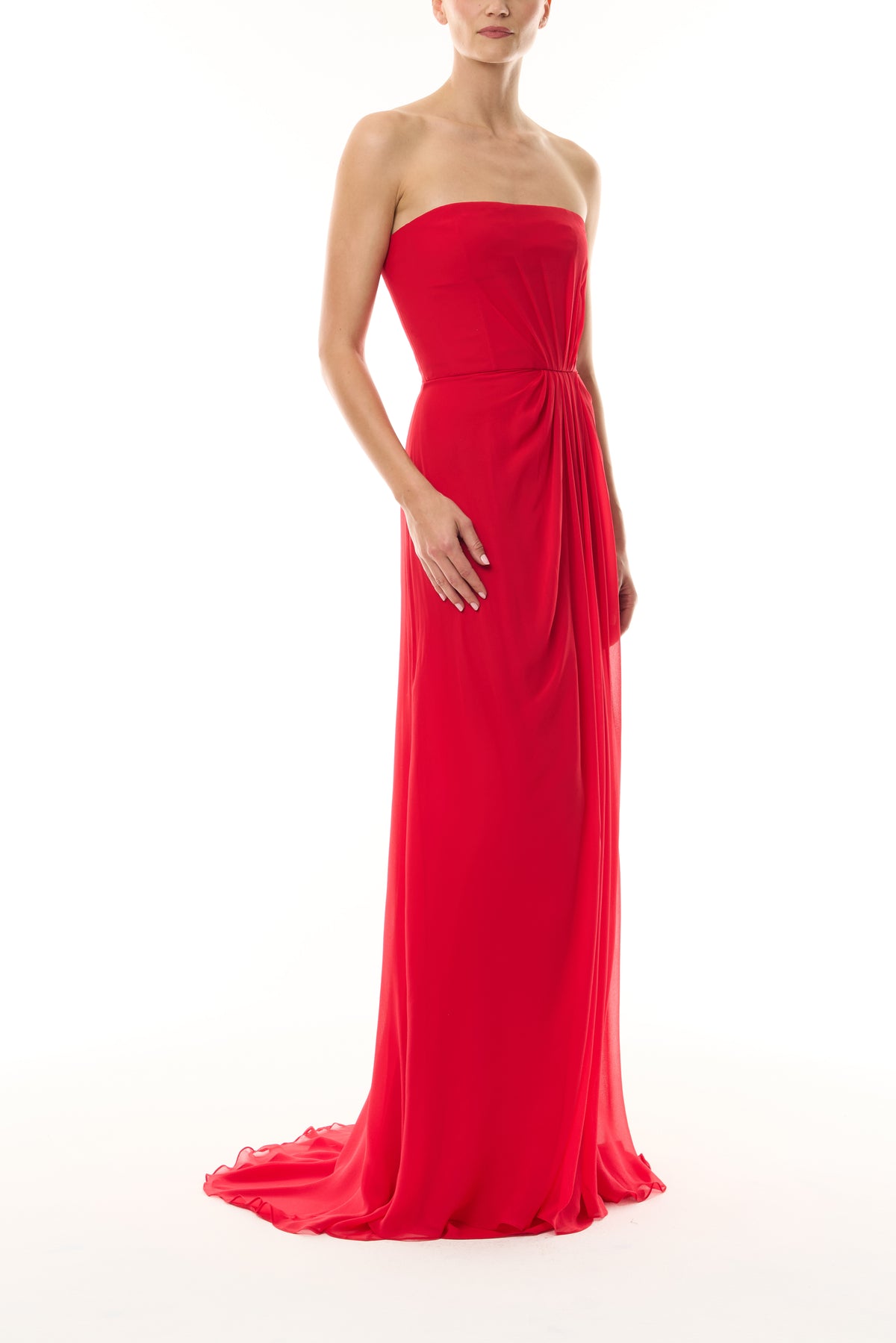 Monique Lhuillier Fall 2026 Siren red Chiffon strapless draped bodice gown  - side.