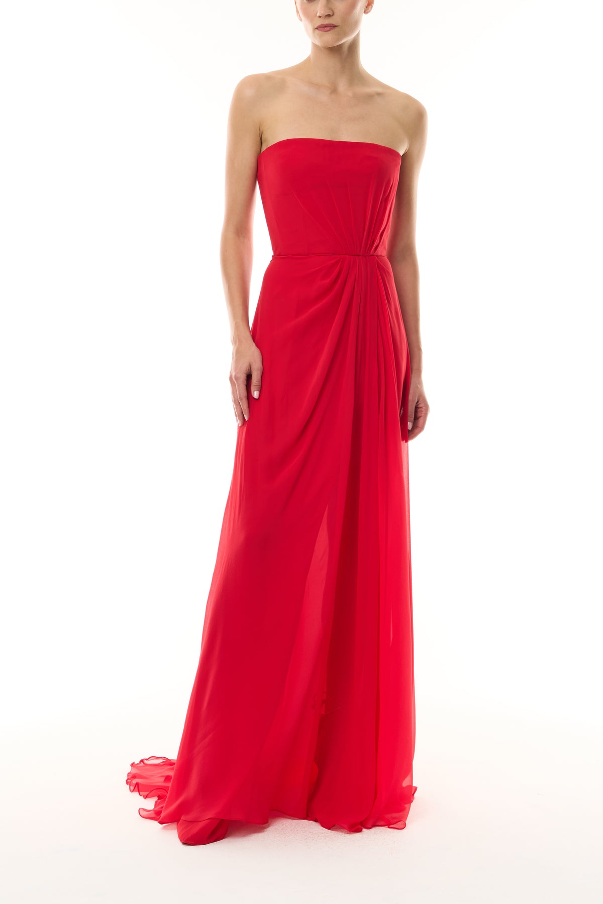 Monique Lhuillier Fall 2026 Siren red Chiffon strapless draped bodice gown  - front.