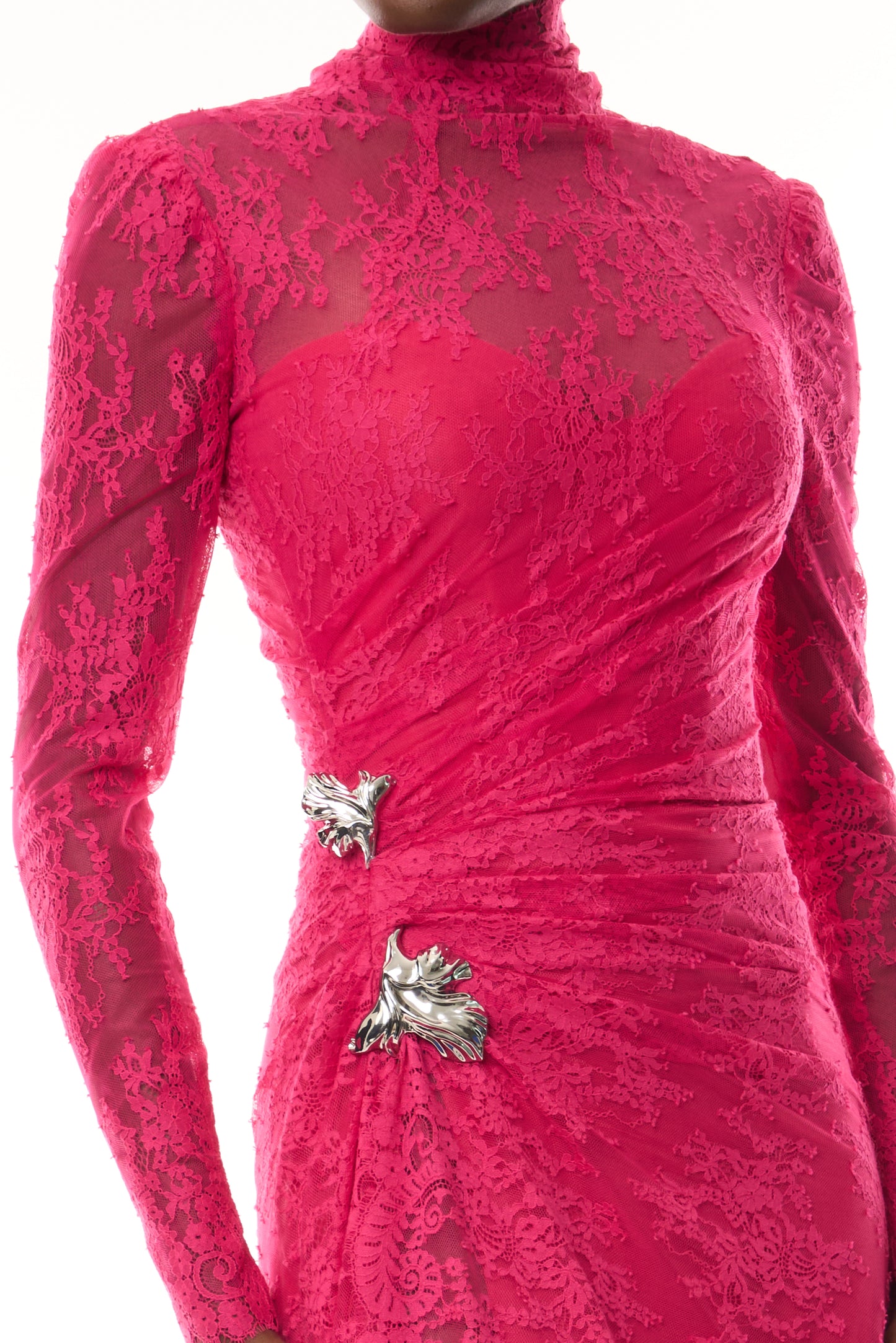 Monique Lhuillier Fall 2026 Pink Chantilly Lace high neck long sleeve gown with slit and silver floral embellishment - fabric.