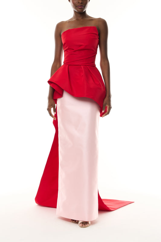 Monique Lhuillier Fall 2026 vibrant red and pale pink Silk Faille & Mikado strapless peplum bodice with column skirt and train - front.