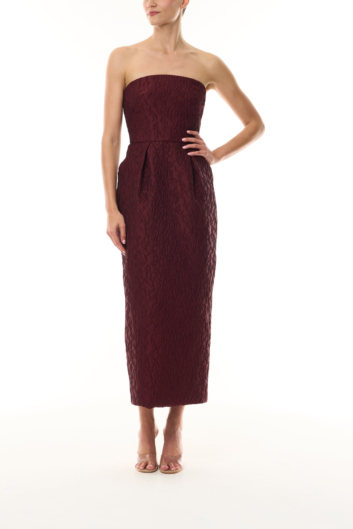Monique Lhuillier Fall 2026 Rhubarb Jacquard strapless pleated cocktail dress with pockets - front.