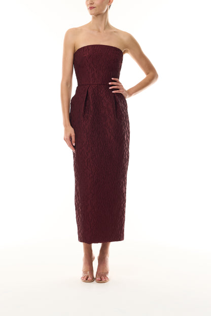 Monique Lhuillier Fall 2026 Rhubarb Jacquard strapless pleated cocktail dress with pockets - front. 