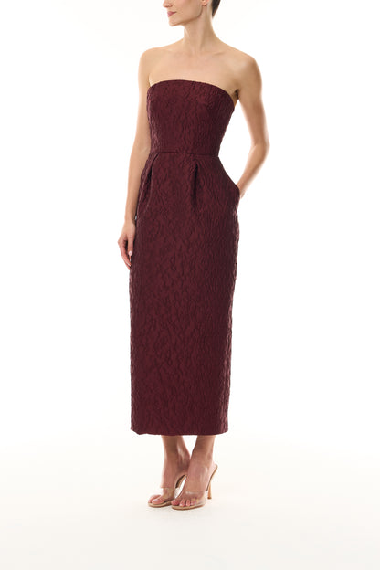 Monique Lhuillier Fall 2026 Rhubarb Jacquard strapless pleated cocktail dress with pockets - side.