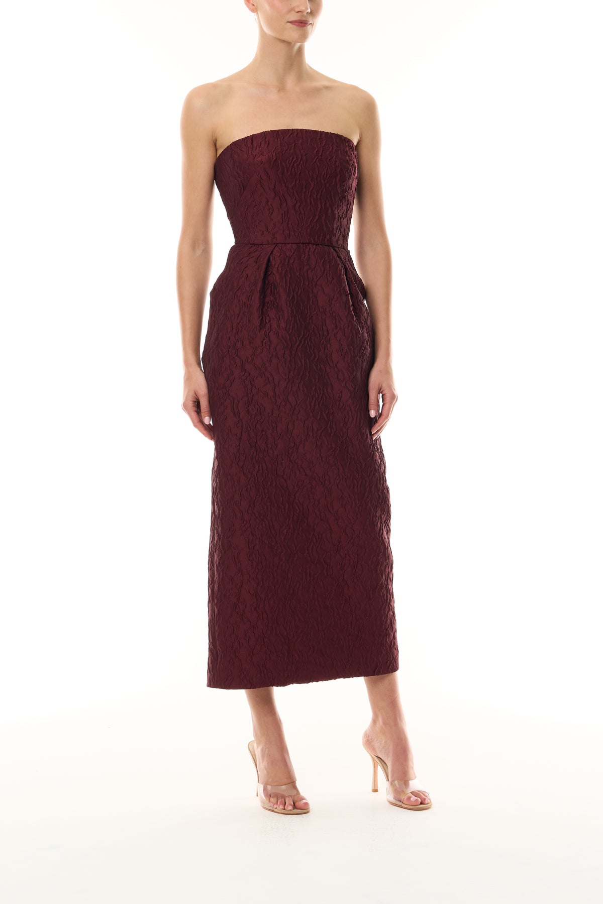 Monique Lhuillier Fall 2026 Rhubarb Jacquard strapless pleated cocktail dress with pockets - front.