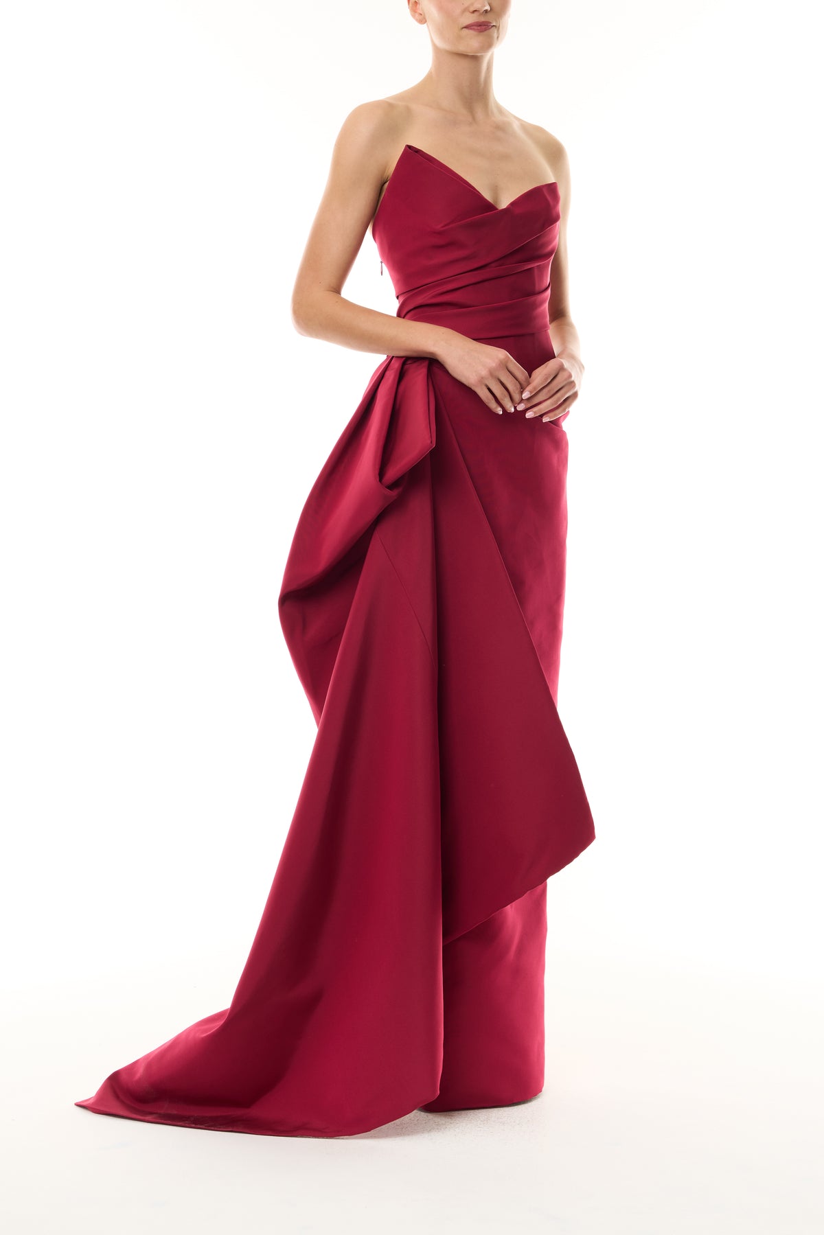 Monique Lhuillier Fall 2026 silk faille red strapless asymmetric draped column gown with side train - side.