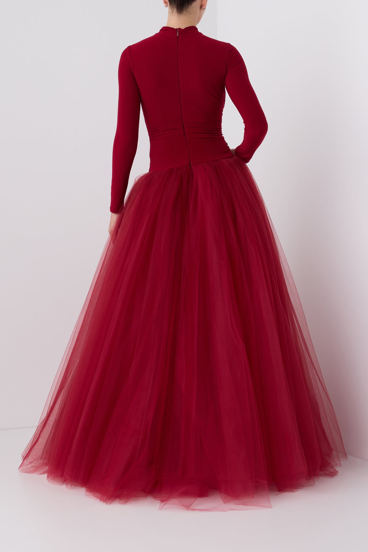 Monique Lhuillier Fall 2026 Rhubarb crepe jersey and tulle Long sleeve dropped waist floor-length gown with floral embellishment -  back.