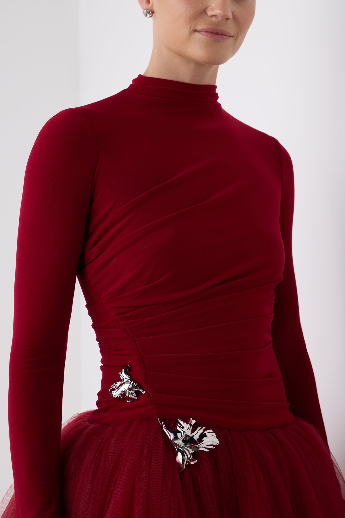 Monique Lhuillier Fall 2026 Rhubarb crepe jersey and tulle Long sleeve dropped waist floor-length gown with floral embellishment - fabric.