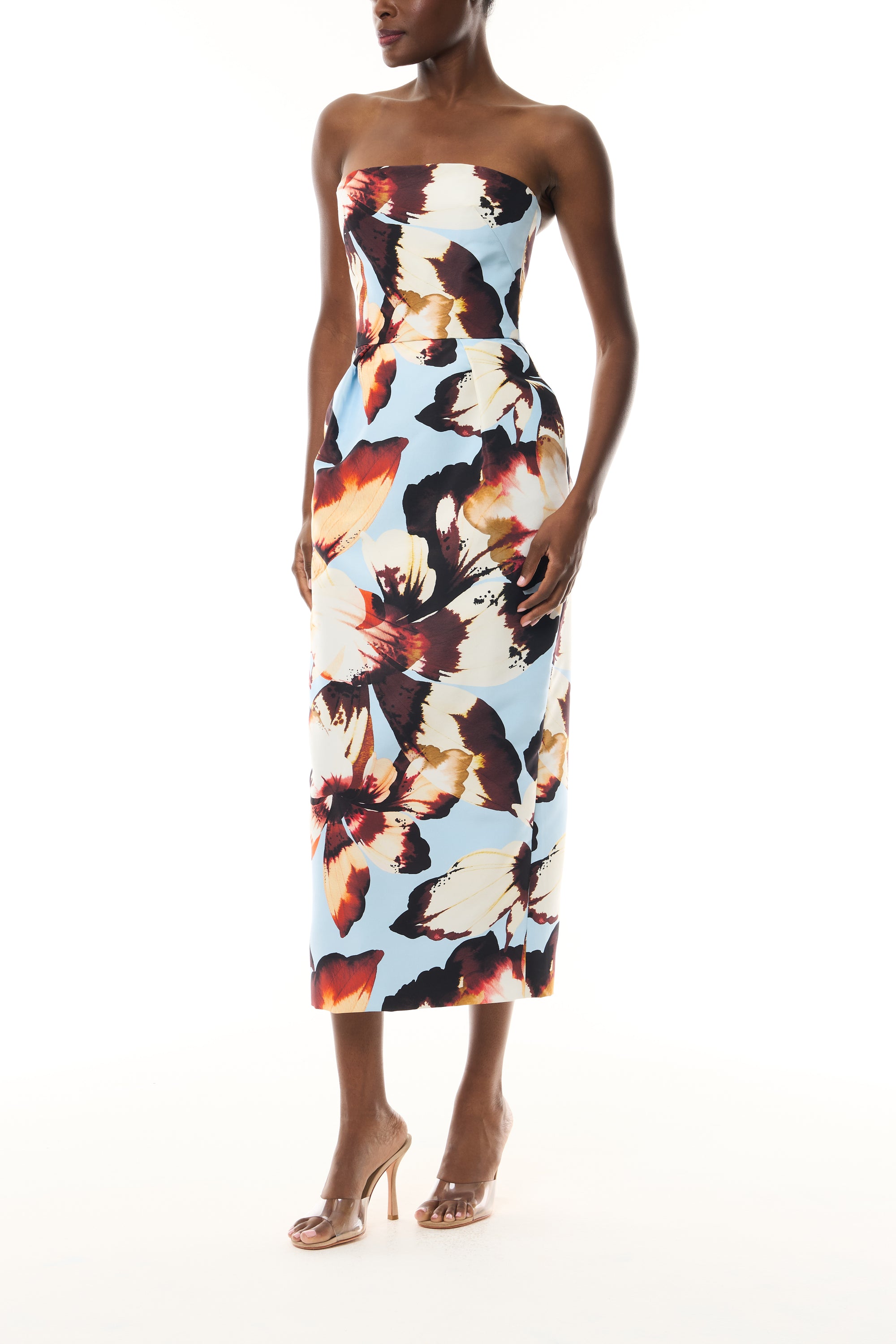 Monique Lhuillier Fall 2026 Pale Blue Amber Lily Printed Faille strapless pleated cocktail dress with pockets - side.