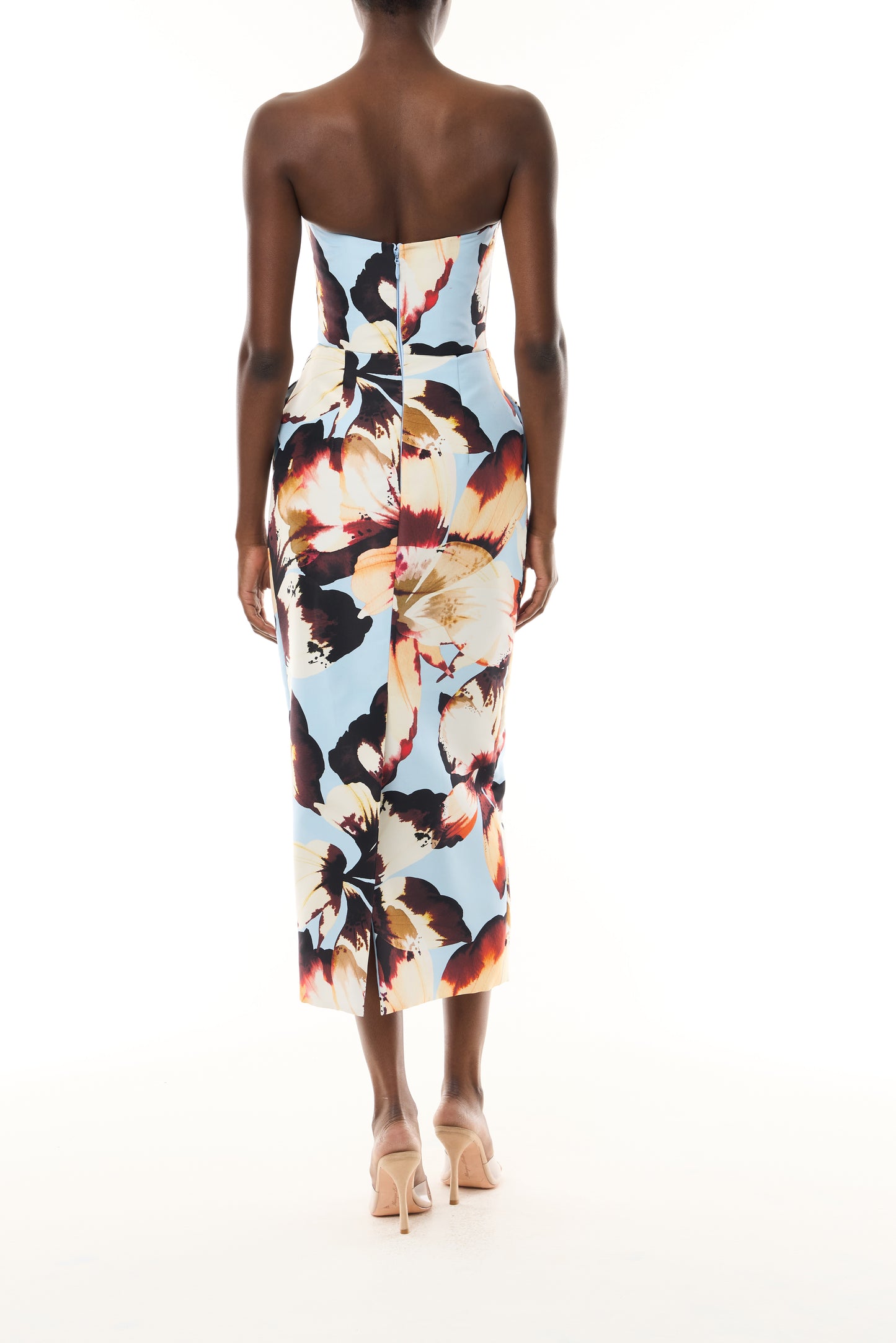 Monique Lhuillier Fall 2026 Pale Blue Amber Lily Printed Faille strapless pleated cocktail dress with pockets - back.