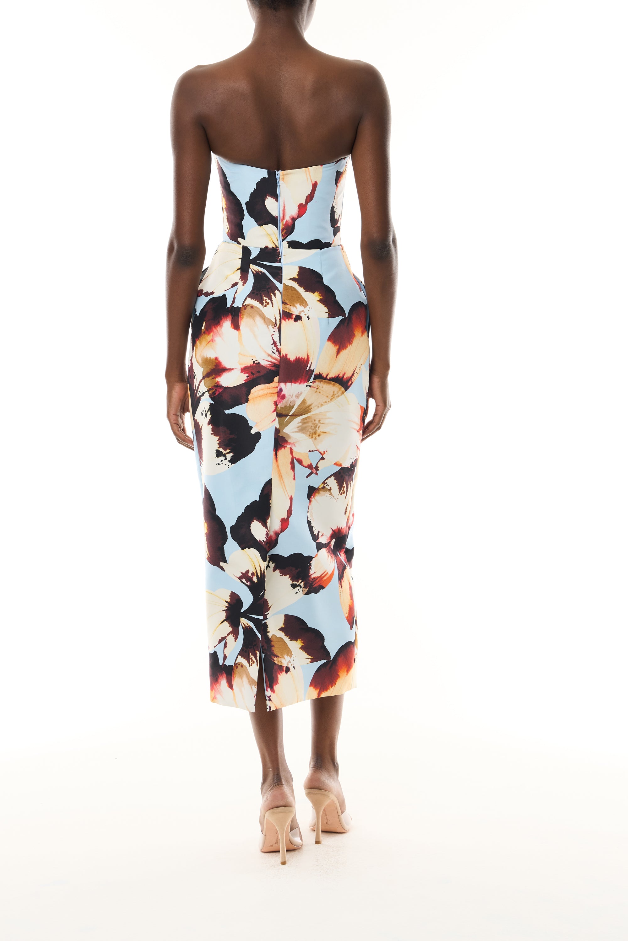 Monique Lhuillier Fall 2026 Pale Blue Amber Lily Printed Faille strapless pleated cocktail dress with pockets - back.