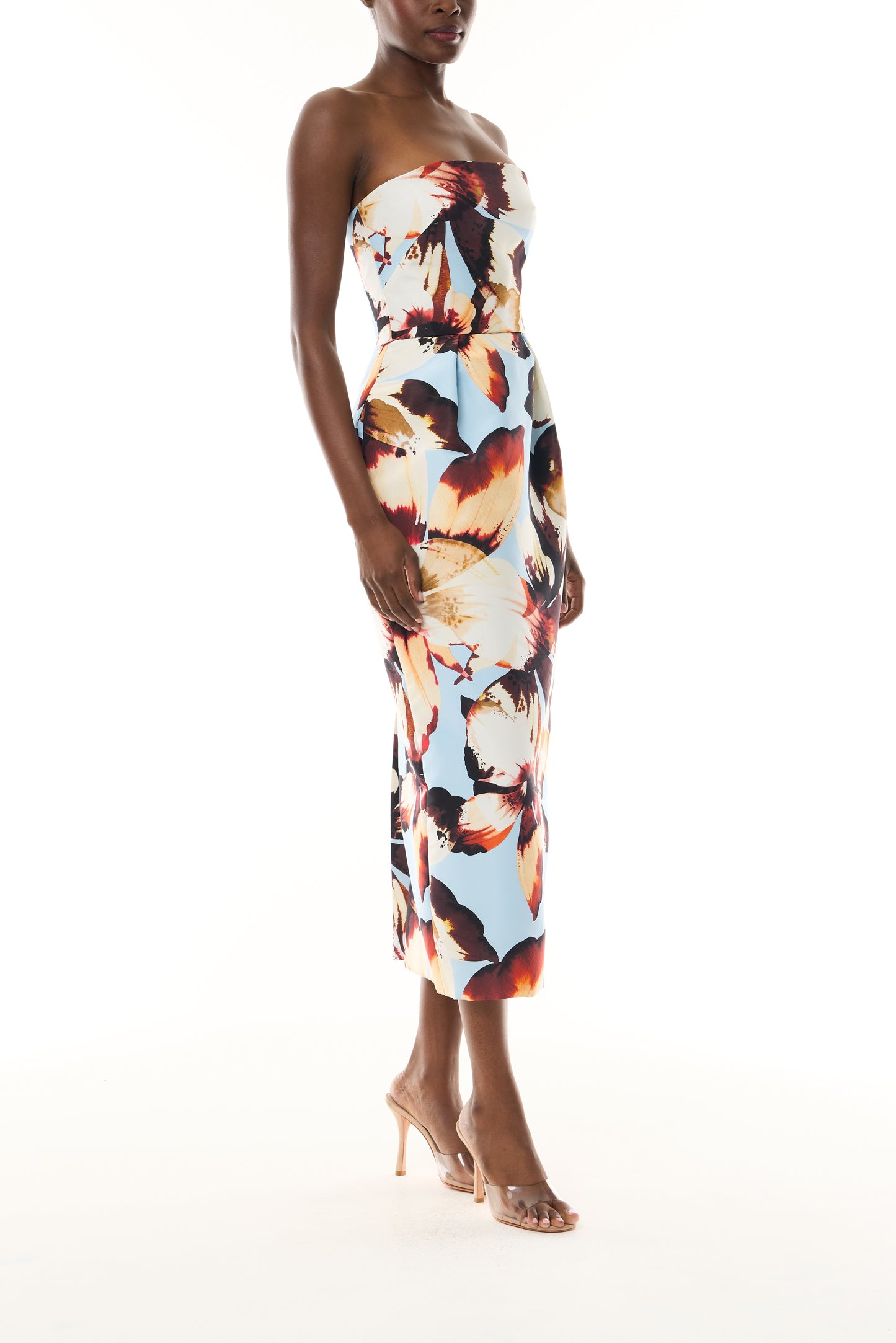 Monique Lhuillier Fall 2026 Pale Blue Amber Lily Printed Faille strapless pleated cocktail dress with pockets - side.