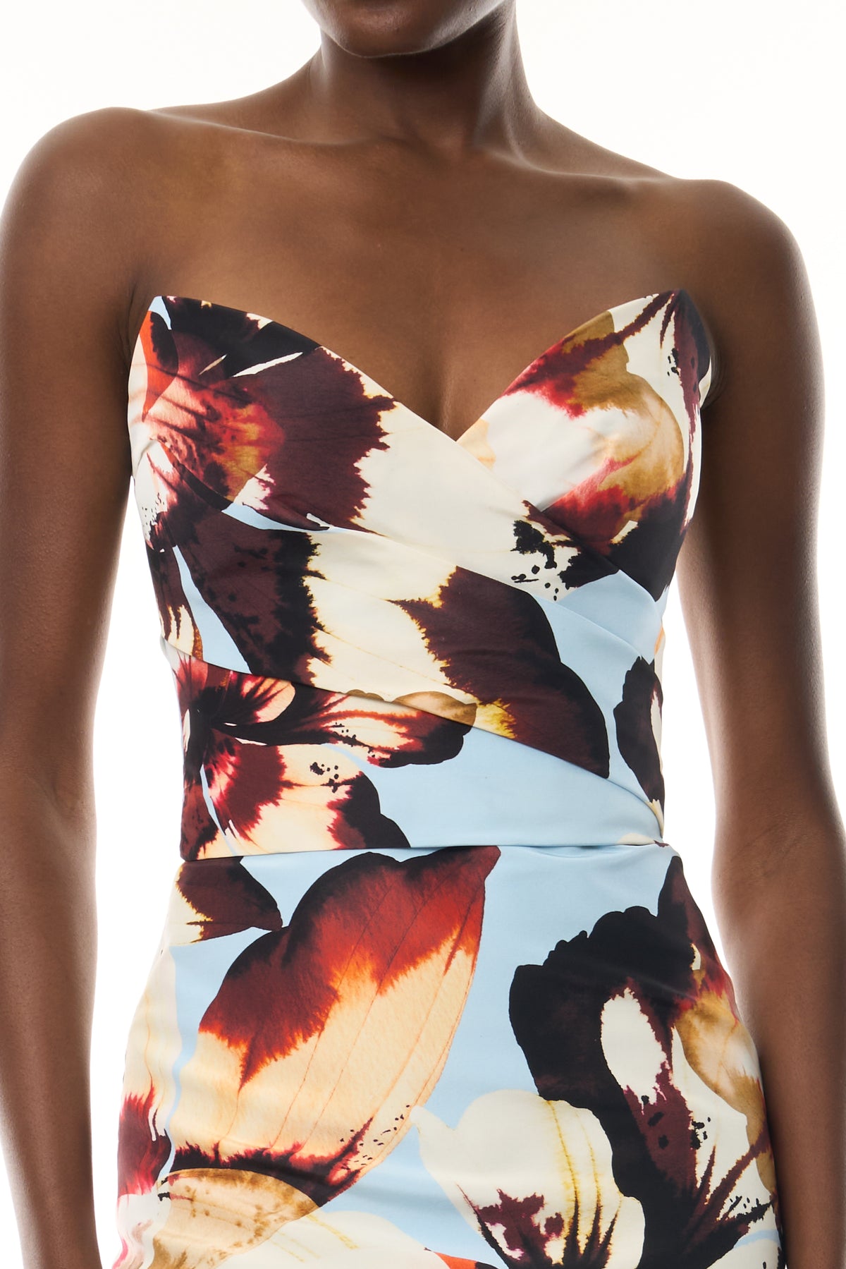 Monique Lhuillier Fall 2026 Blue floral amber lily printed faille strapless draped column gown - fabric.