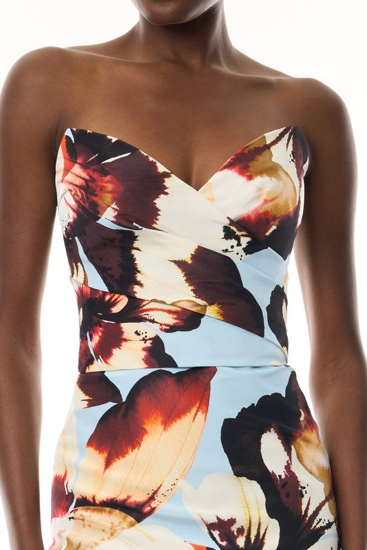 Monique Lhuillier Fall 2026 Blue floral amber lily printed faille strapless draped column gown - fabric.