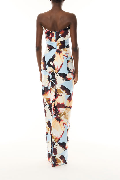 Monique Lhuillier Fall 2026 Blue floral amber lily printed faille strapless draped column gown - back.