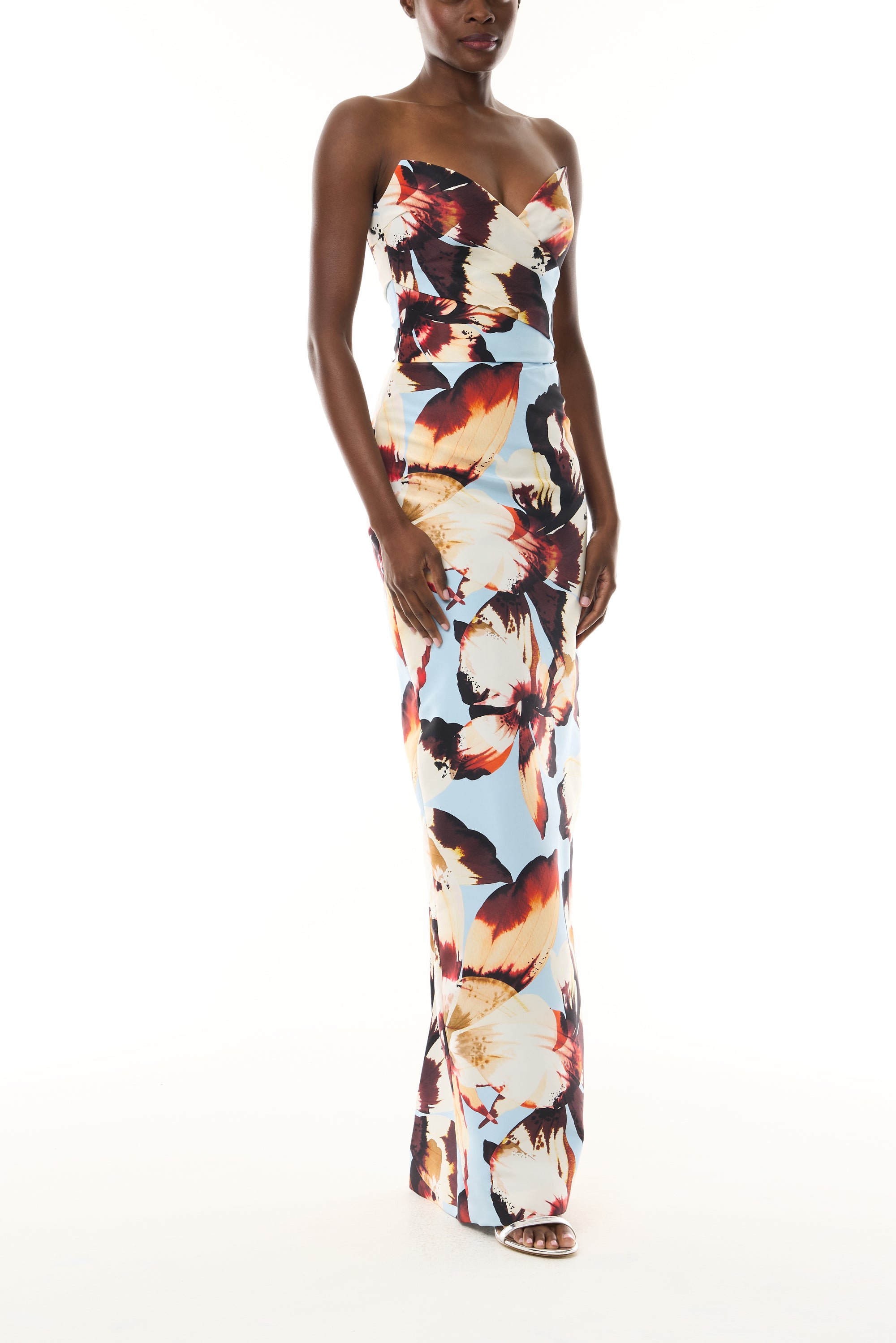Monique Lhuillier Fall 2026 Blue floral amber lily printed faille strapless draped column gown - side.