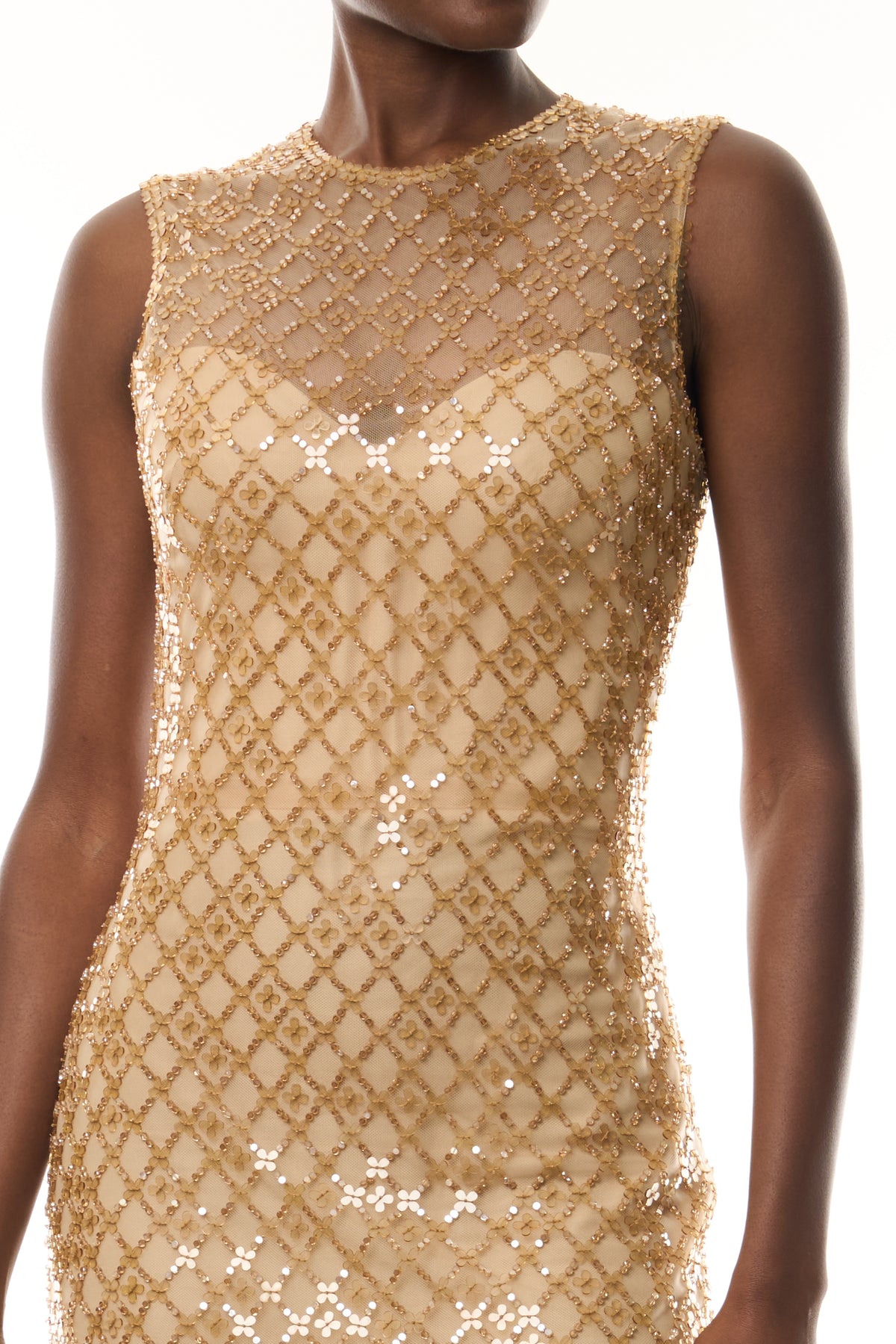Monique Lhuillier Fall 2026 Gold Embroidered Tulle sleeveless column gown with lattice sequin embroidery - fabric.