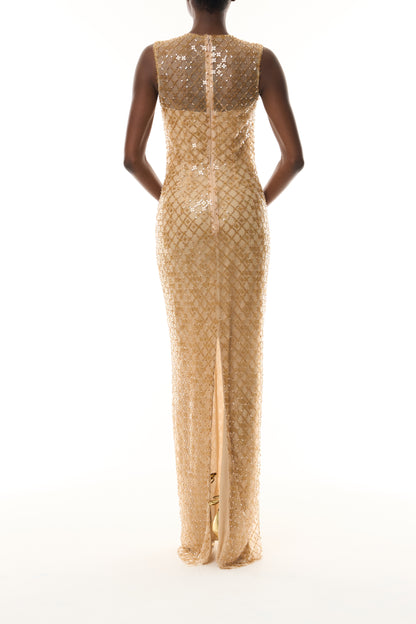 Monique Lhuillier Fall 2026 Gold Embroidered Tulle sleeveless column gown with lattice sequin embroidery - back.