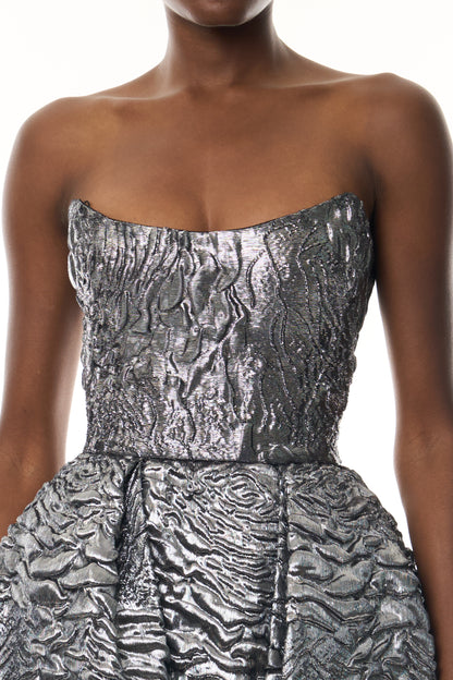 Monique Lhuillier Fall 2026 Chrome Lamé Rose Jacquard Strapless midi bubble
skirt cocktail dress - fabric.