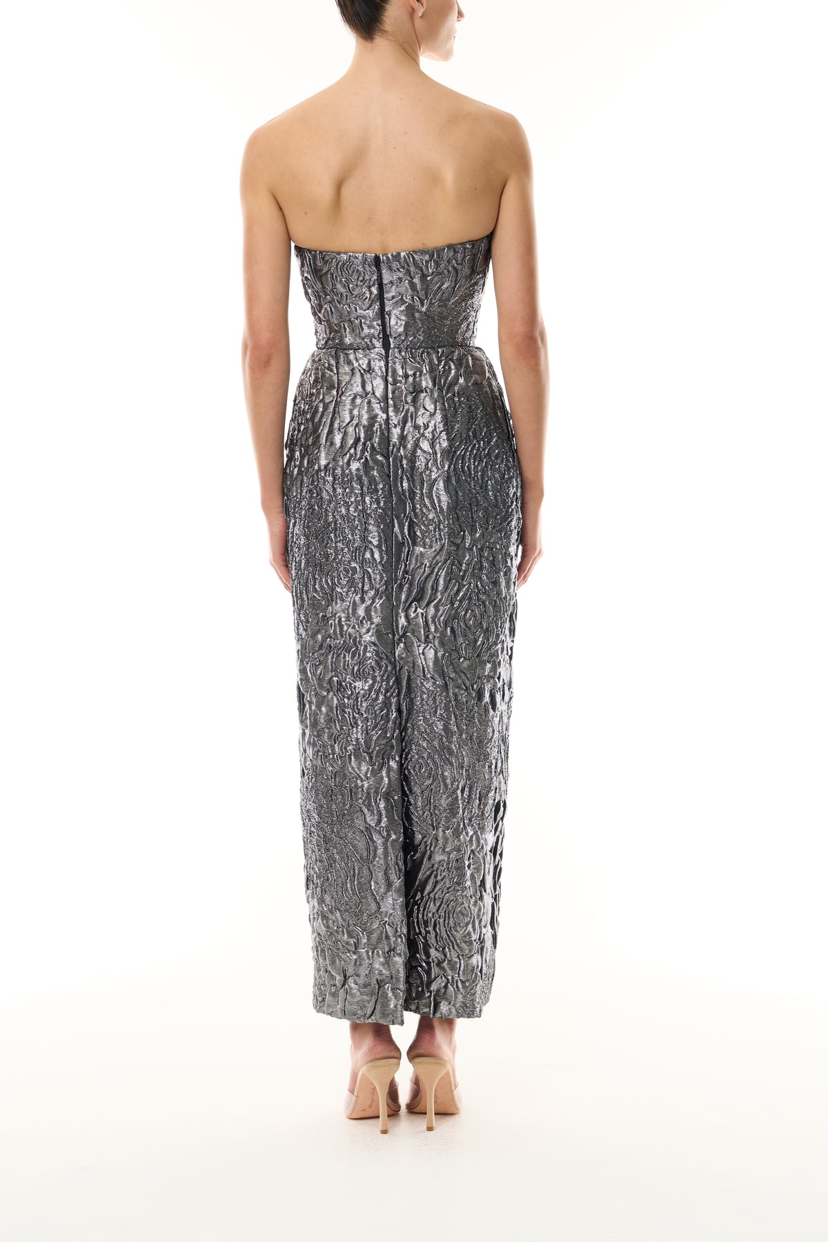 Monique Lhuillier Fall 2026 Chrome Lamé Rose Jacquard Strapless pleated cocktail dress with pockets  - back.
