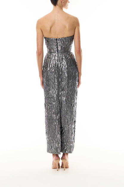 Monique Lhuillier Fall 2026 Chrome Lamé Rose Jacquard Strapless pleated cocktail dress with pockets  - back.