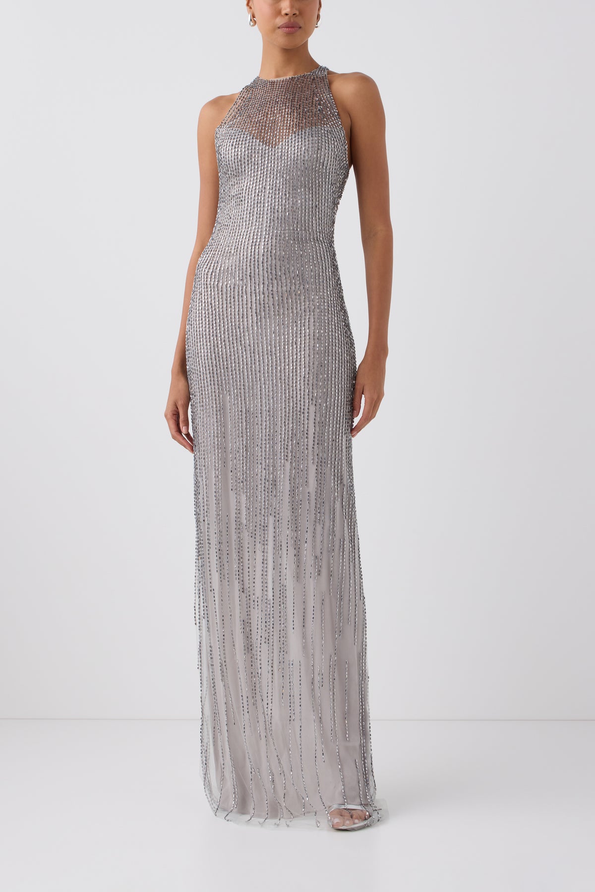 Monique Lhuillier Fall 2026 Silver embroidered tulle halter column gown - front. 