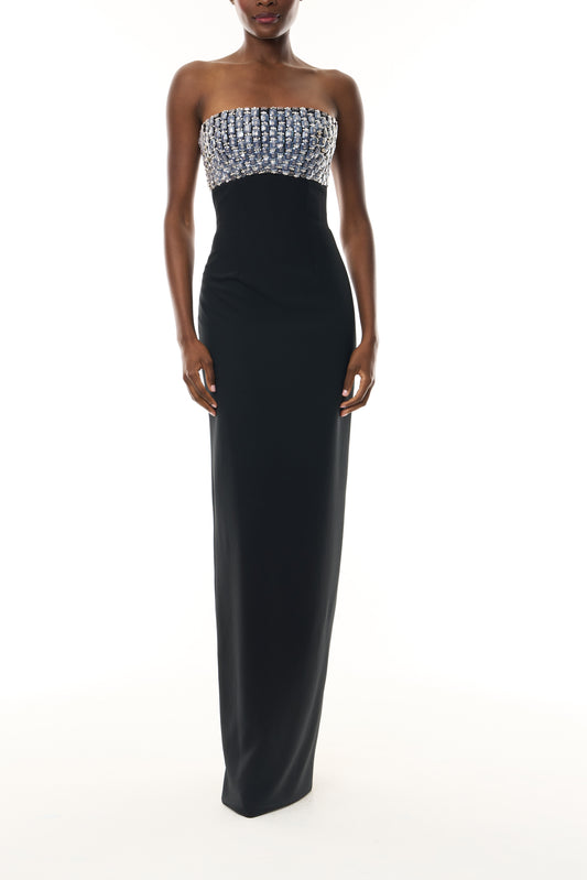 Monique Lhuillier Fall 2026 Noir Embroidered crepe strapless column gown - front.