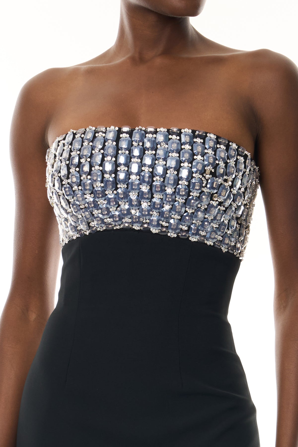 Monique Lhuillier Fall 2026 Noir Embroidered crepe strapless column gown - fabric.