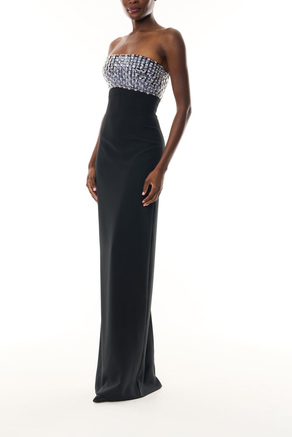 Monique Lhuillier Fall 2026 Noir Embroidered crepe strapless column gown - side.
