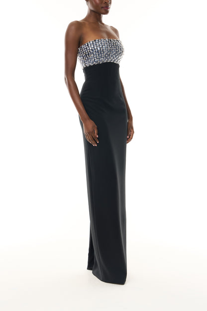Monique Lhuillier Fall 2026 Noir Embroidered crepe strapless column gown - side. 