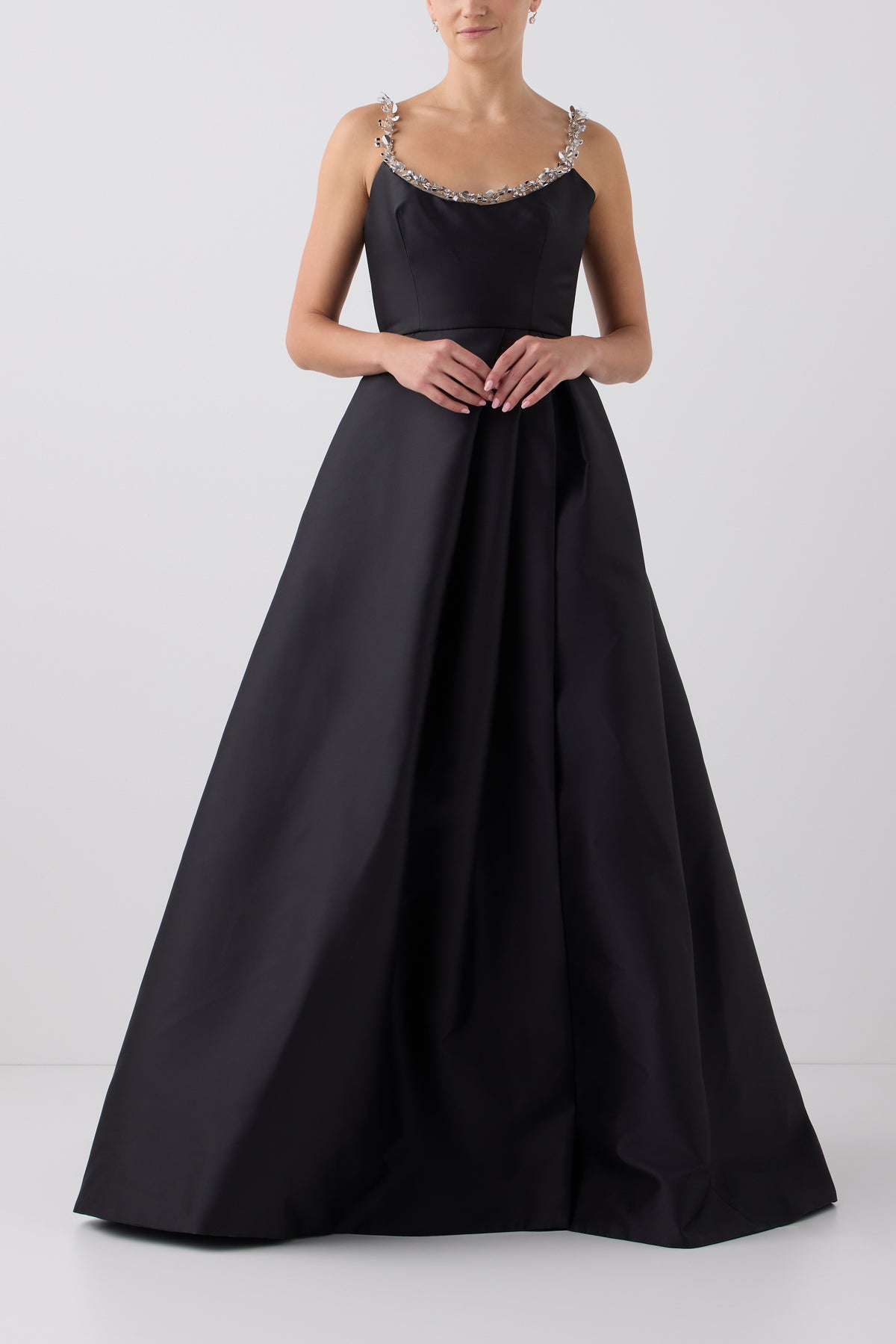 Monique Lhuillier Fall 2026 Noir Mikado embellished scoop neck  ball gown - front. 