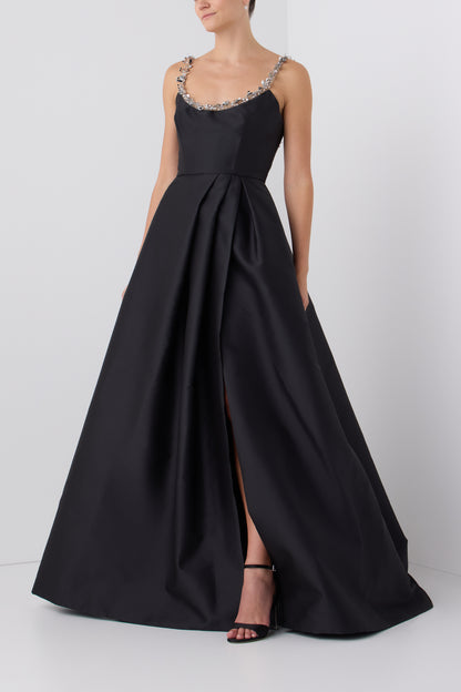 Monique Lhuillier Fall 2026 Noir Mikado embellished scoop neck  ball gown - side. 