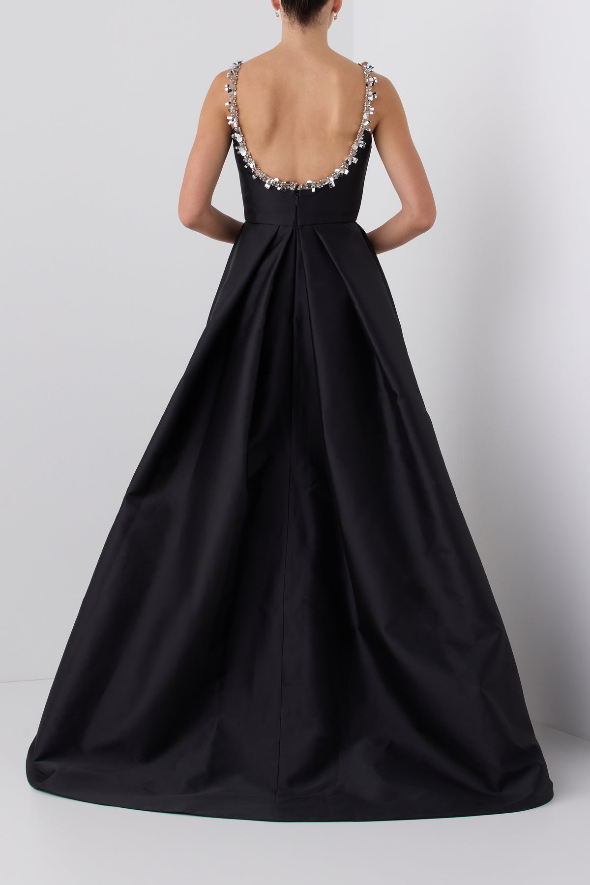 Monique Lhuillier Fall 2026 Noir Mikado embellished scoop neck  ball gown - back.