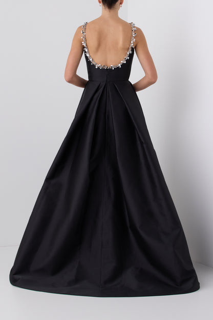 Monique Lhuillier Fall 2026 Noir Mikado embellished scoop neck  ball gown - back.