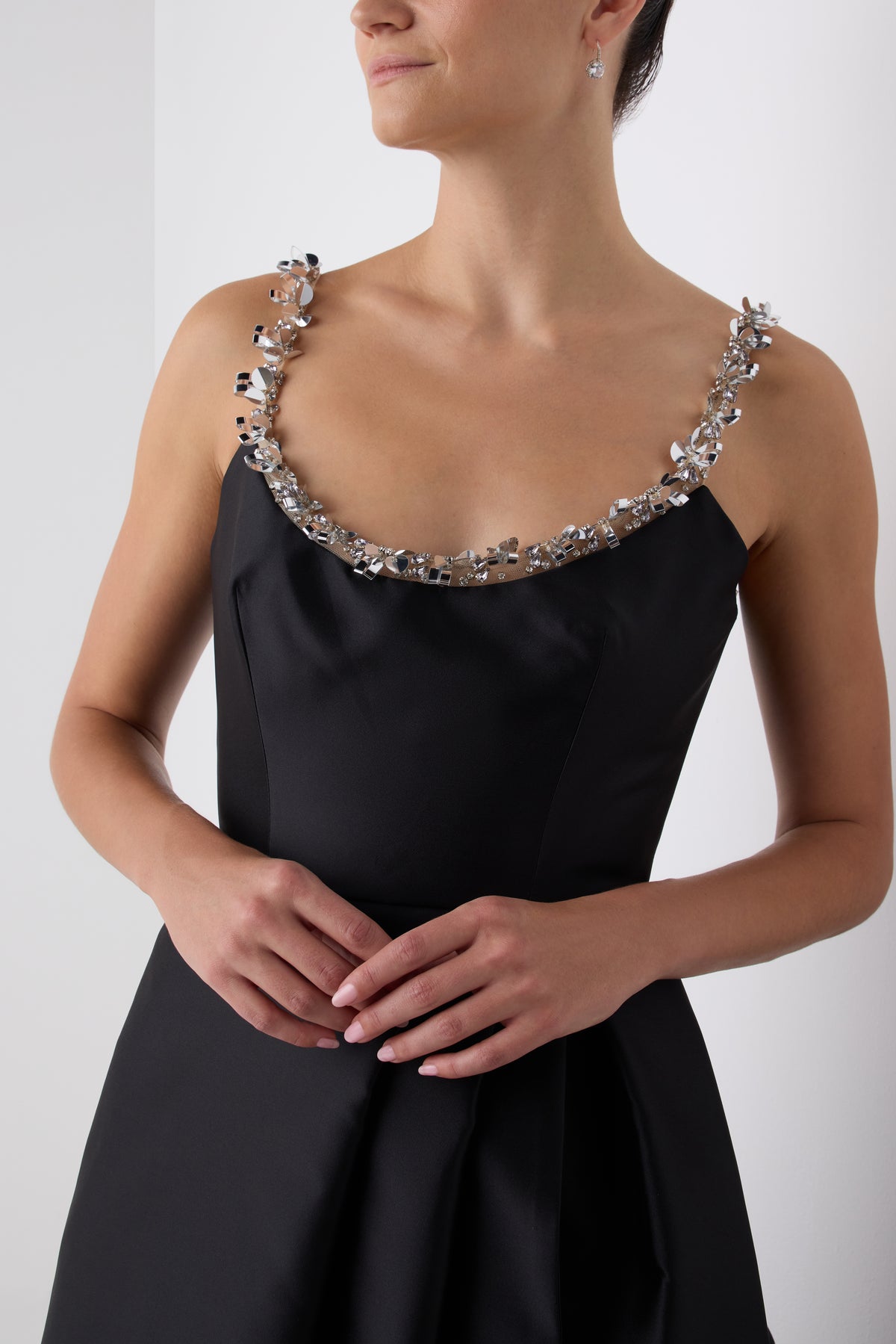 Monique Lhuillier Fall 2026 Noir Mikado embellished scoop neck  ball gown - fabric.