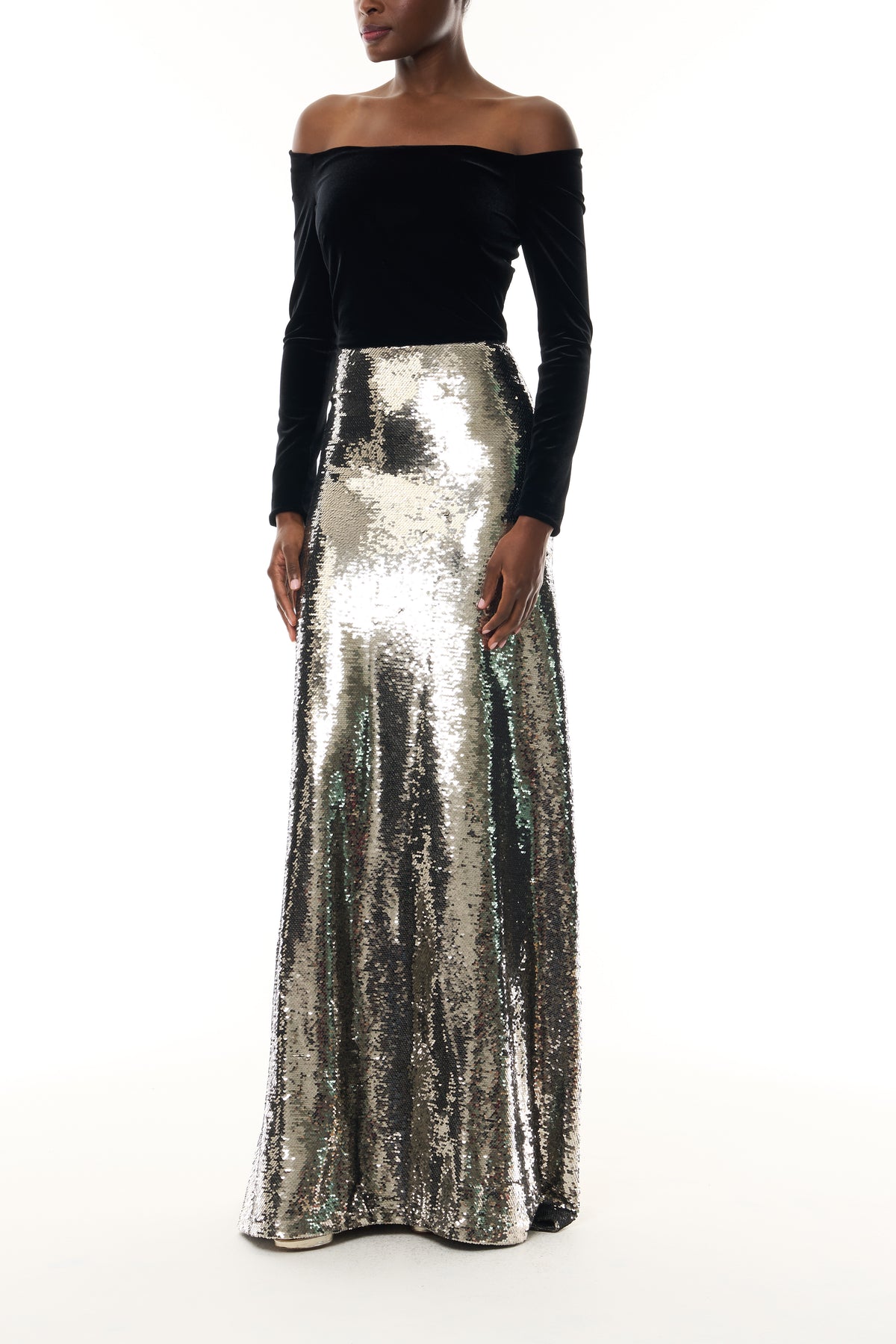 Monique Lhuillier Fall 2026 Noir velvet and Chrome sequin off-the-shoulder long sleeve floor length gown - side.