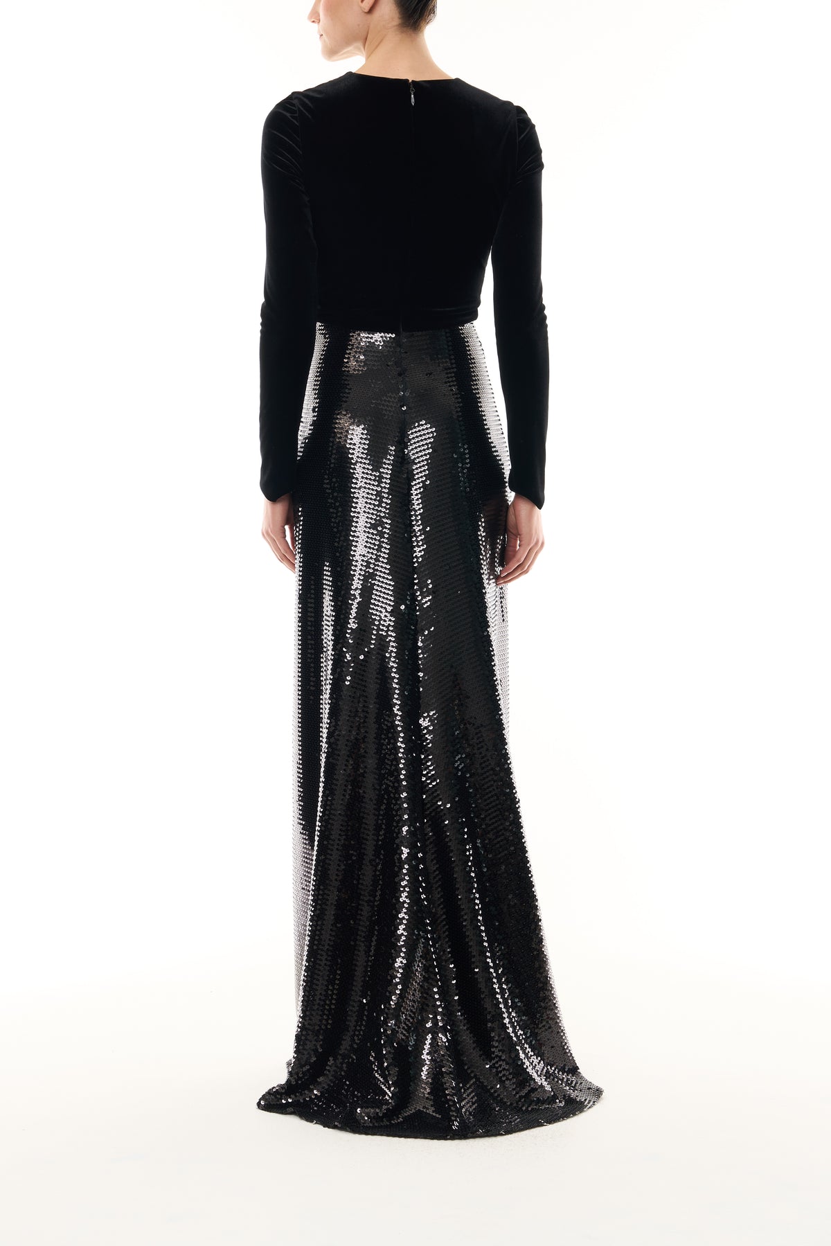 Monique Lhuillier Fall 2026 Noir Stretch Velour and Sequin Long Sleeve Sheath Gown  -back.