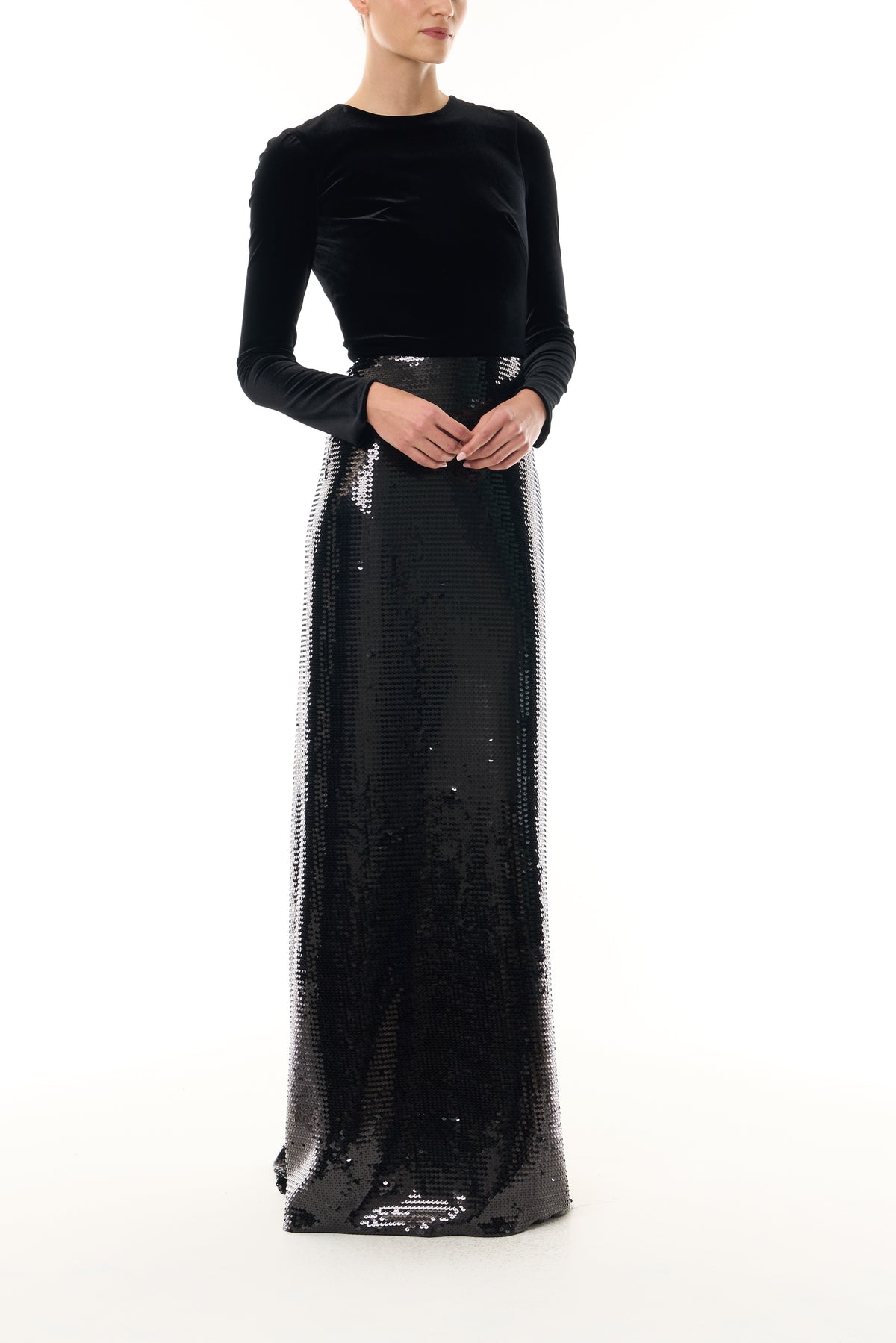 Monique Lhuillier Fall 2026 Noir Stretch Velour and Sequin Long Sleeve Sheath Gown  - front.