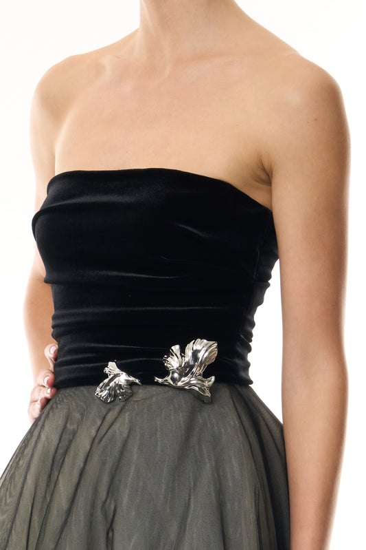 Monique Lhuillier Fall 2026 Noir / multi Stretch Velvet & Tulle strapless tea length dress with floral embellishment - fabric.