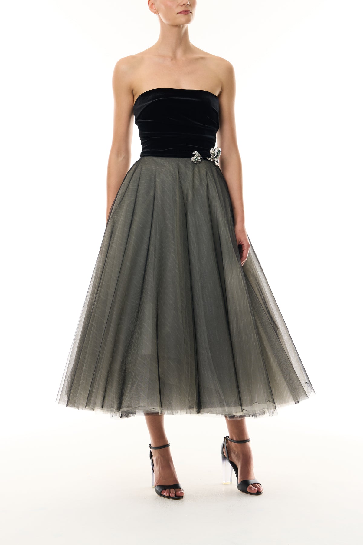 Monique Lhuillier Fall 2026 Noir / multi Stretch Velvet & Tulle strapless tea length dress with floral embellishment - front.