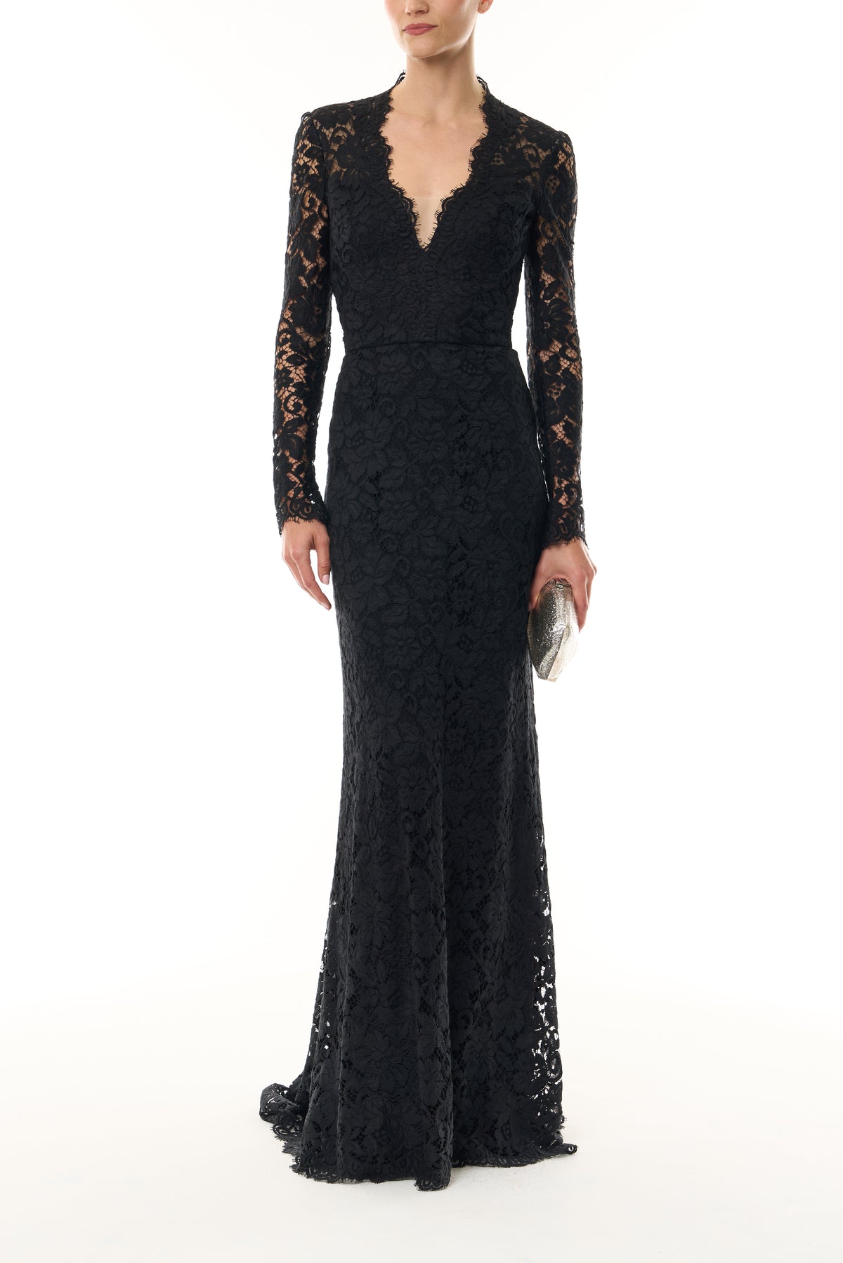 Monique Lhuillier Fall 2026 Noir Peony Lace deep V long sleeve gown - front with Silver Glitter Viv Minaudière.