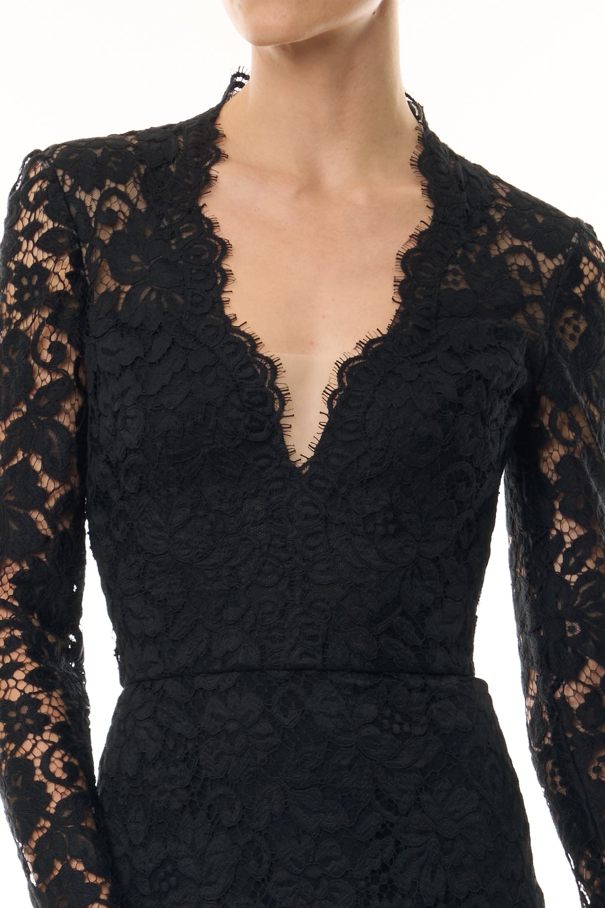 Monique Lhuillier Fall 2026 Noir Peony Lace deep  V long sleeve gown - fabric.