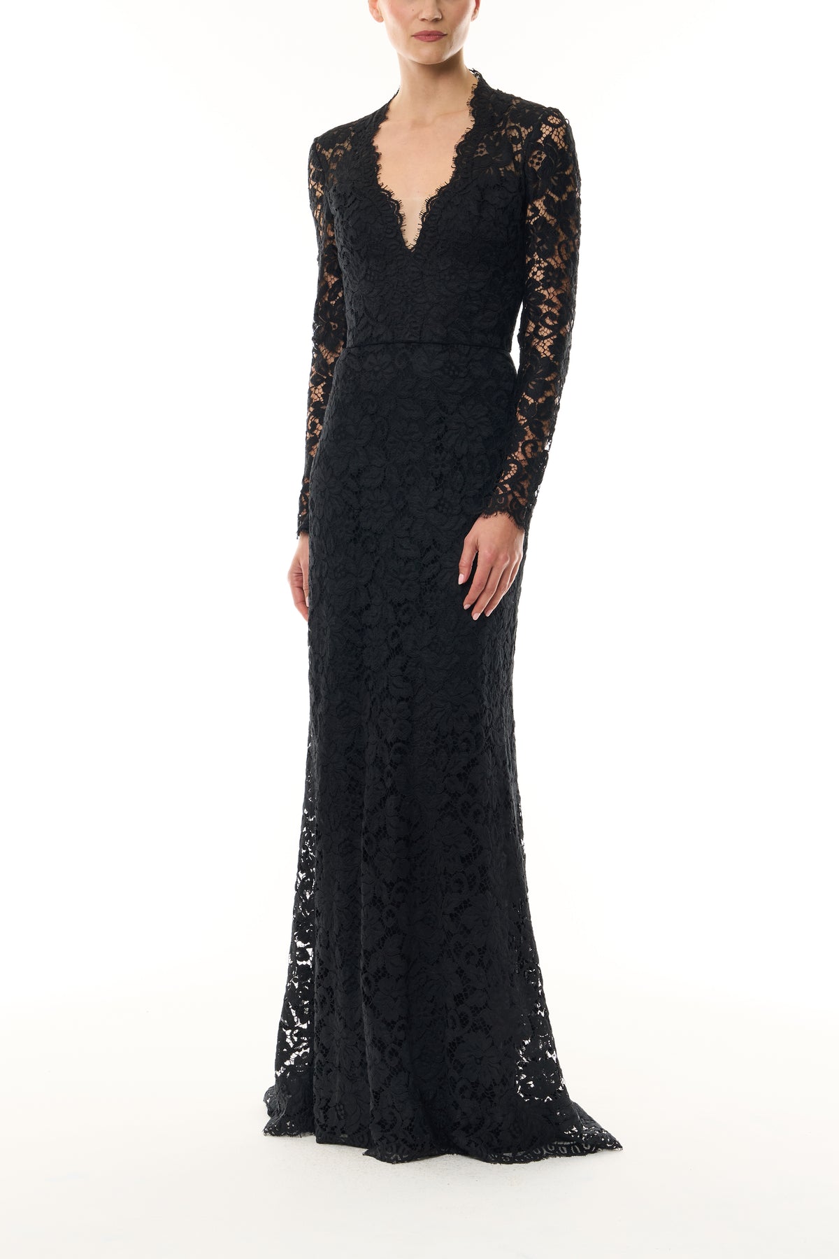 Monique Lhuillier Fall 2026 Noir Peony Lace deep V long sleeve gown - front.