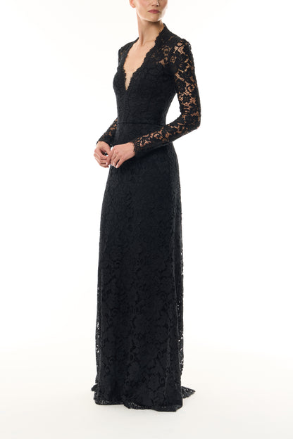 Monique Lhuillier Fall 2026 Noir Peony Lace deep V long sleeve gown - side.