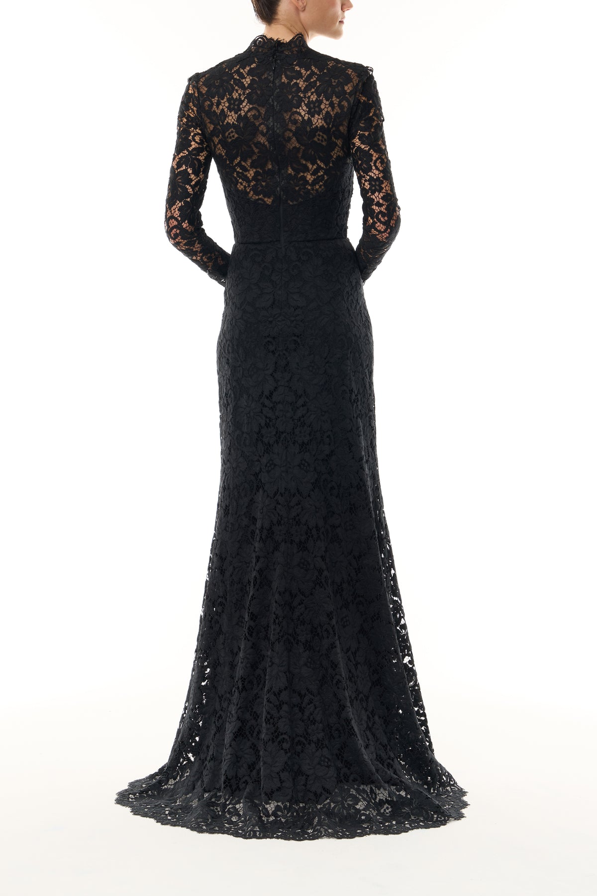 Monique Lhuillier Fall 2026 Noir Peony Lace deep V long sleeve gown - back.
