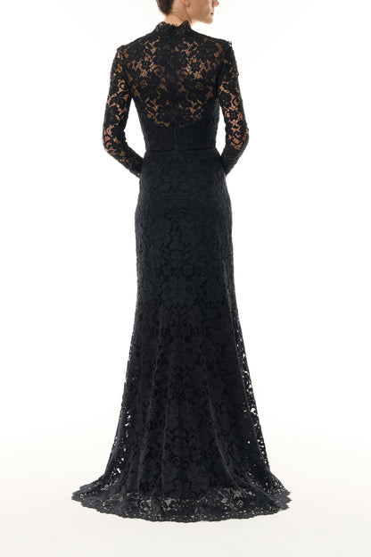 Monique Lhuillier Fall 2026 Noir Peony Lace deep V long sleeve gown - back.