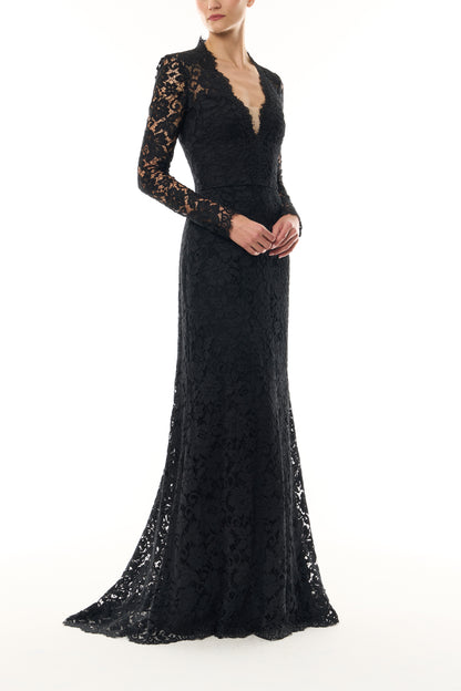 Monique Lhuillier Fall 2026 Noir Peony Lace deep V long sleeve gown - side.