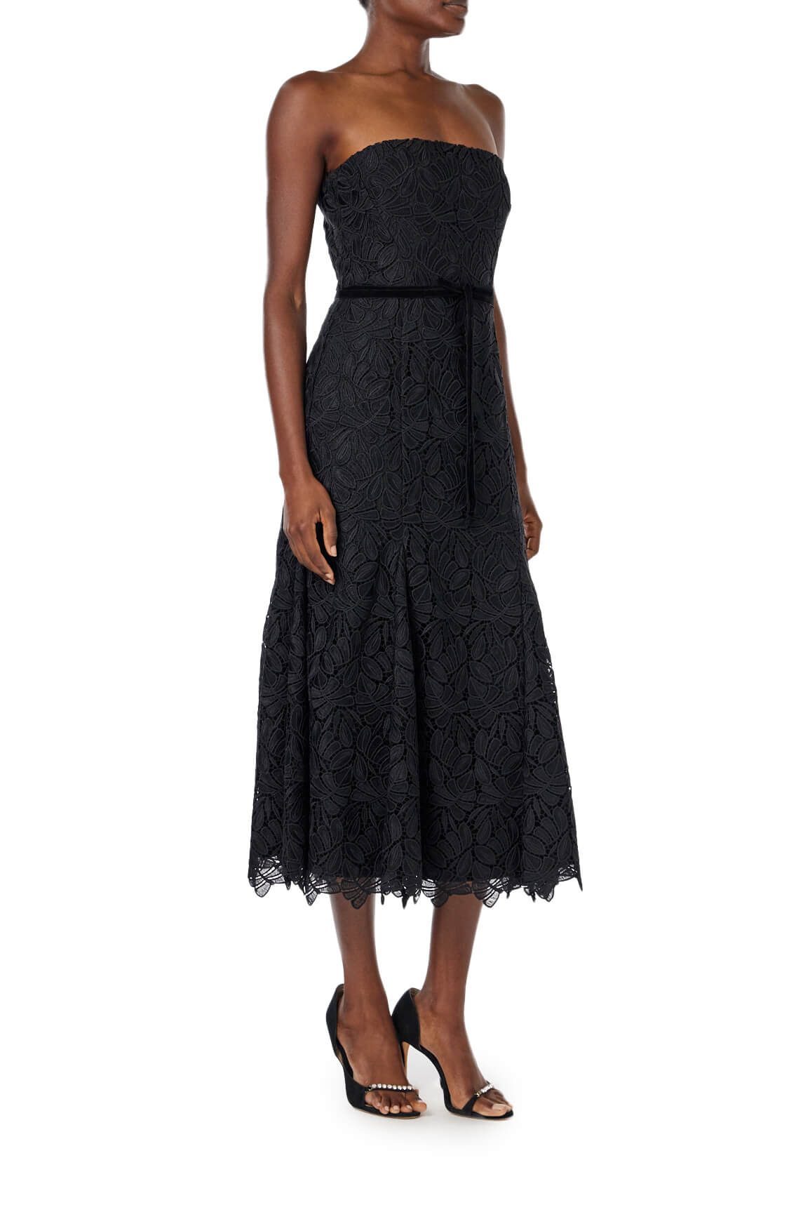 ML Monique Lhuillier strapless black lace dress with ribbon accent at waist.