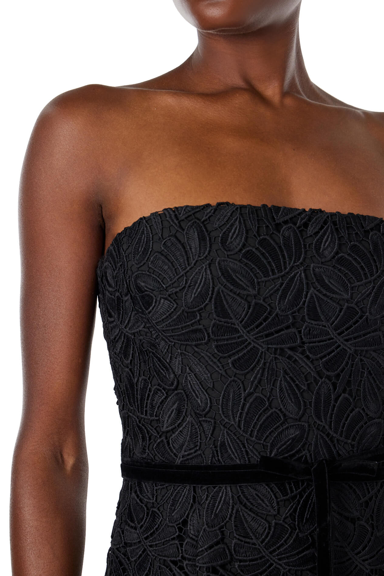 ML Monique Lhuillier strapless black lace dress with ribbon accent at waist.