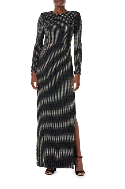 ML Monique Lhuillier long sleeve black dress with crystal dots all-over and side leg slit.