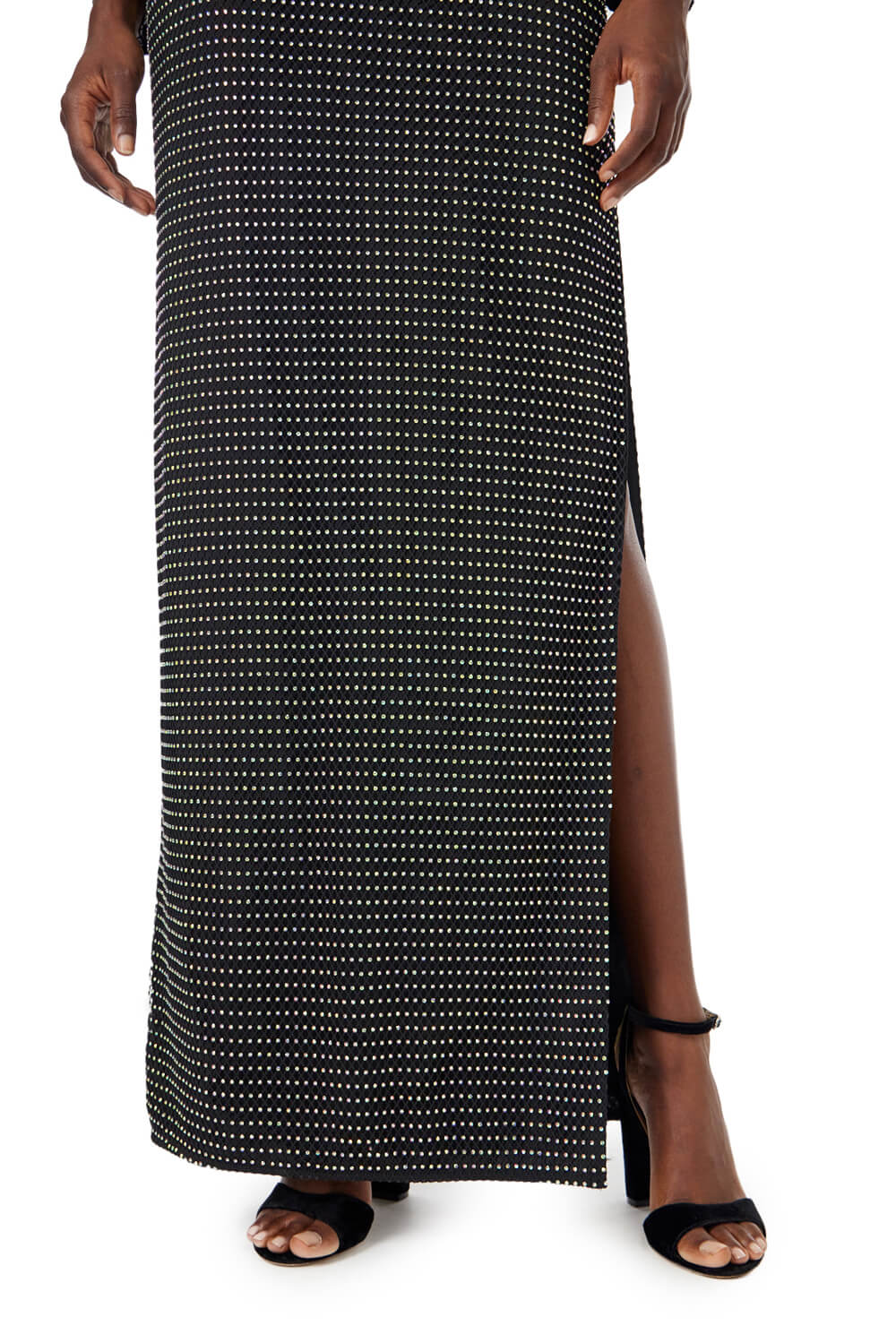 ML Monique Lhuillier long sleeve black dress with crystal dots all-over and side leg slit.